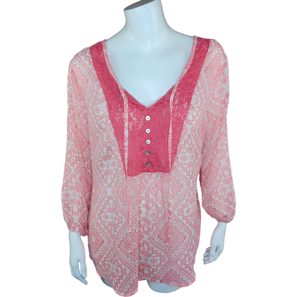 NO BOUNDARIES JUNIOR 15-17 (XL) PEASANT BLOUSE-CORAL AND WHITE WITH LACE KEYHOLE - Picture 1 of 15